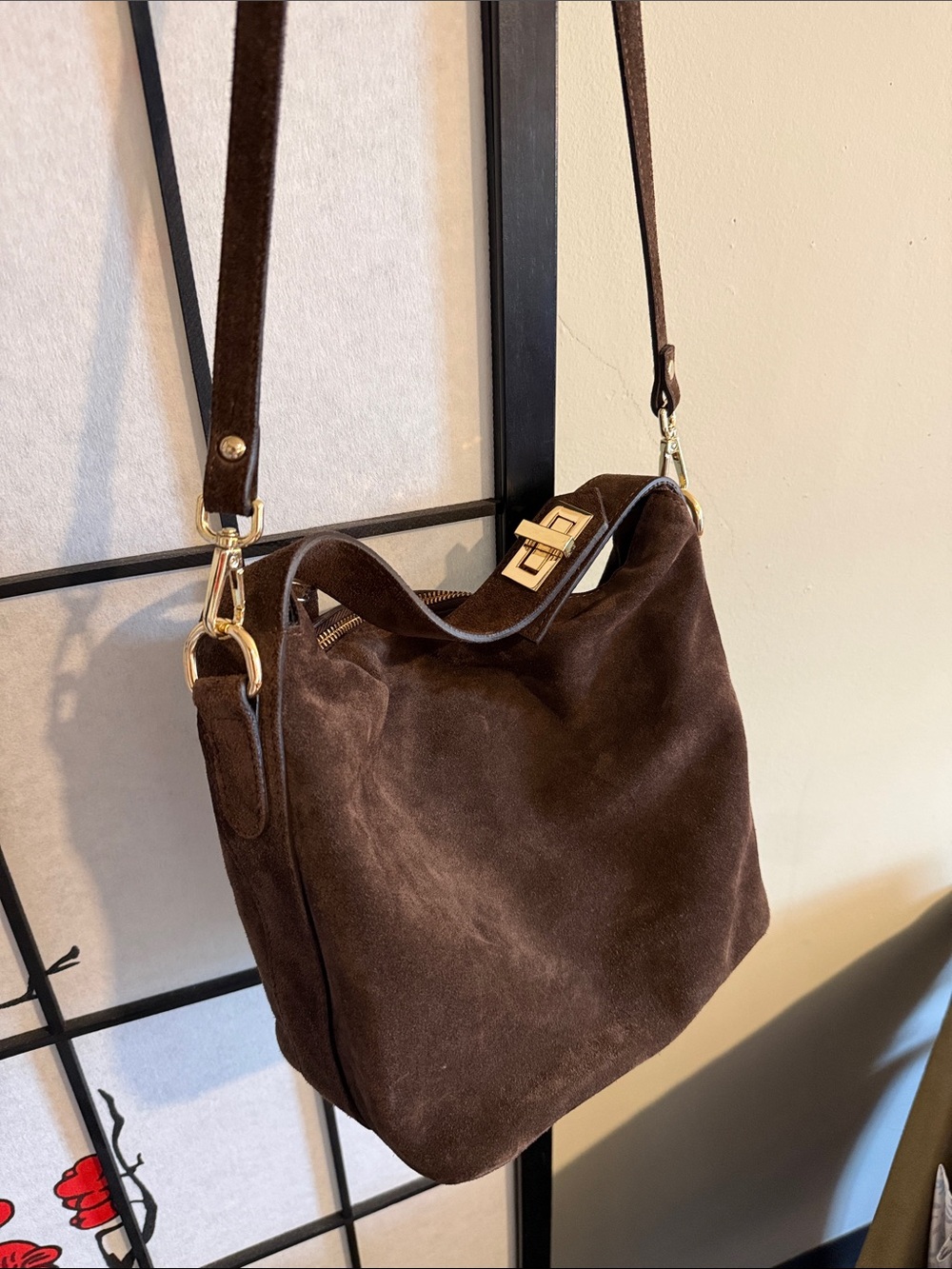 Dark Brown Suede Adjustable Shoulder Bag-Claudia Firenze - Picture 2 of 10